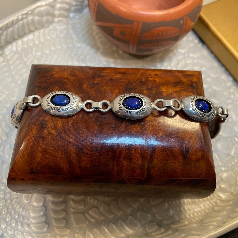 Vintage Navajo Sterling Silver and Lapis Lazuli Link Bracelet, 8 inches
